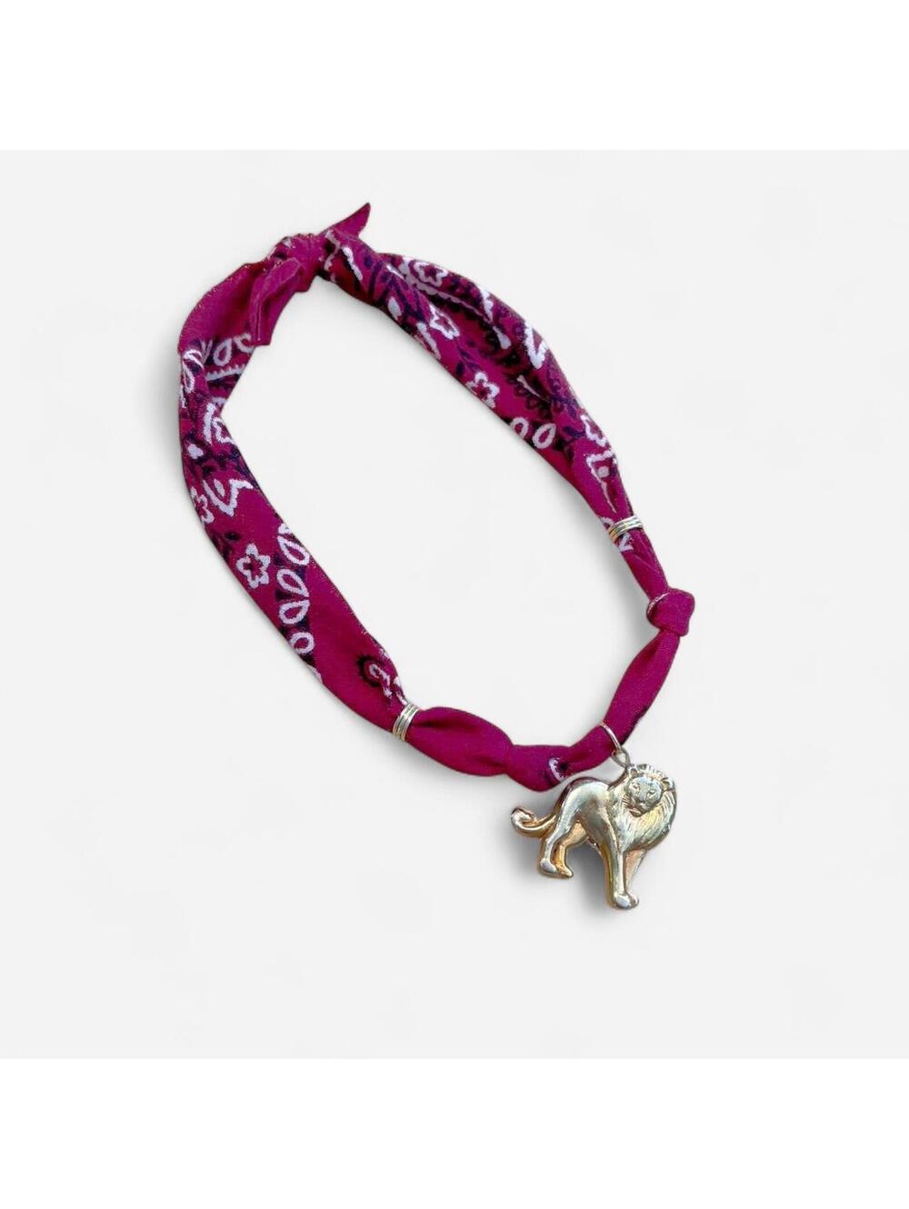 Handmade Burgundy Cotton Bandana Necklace with Vintage brass Lion Charm